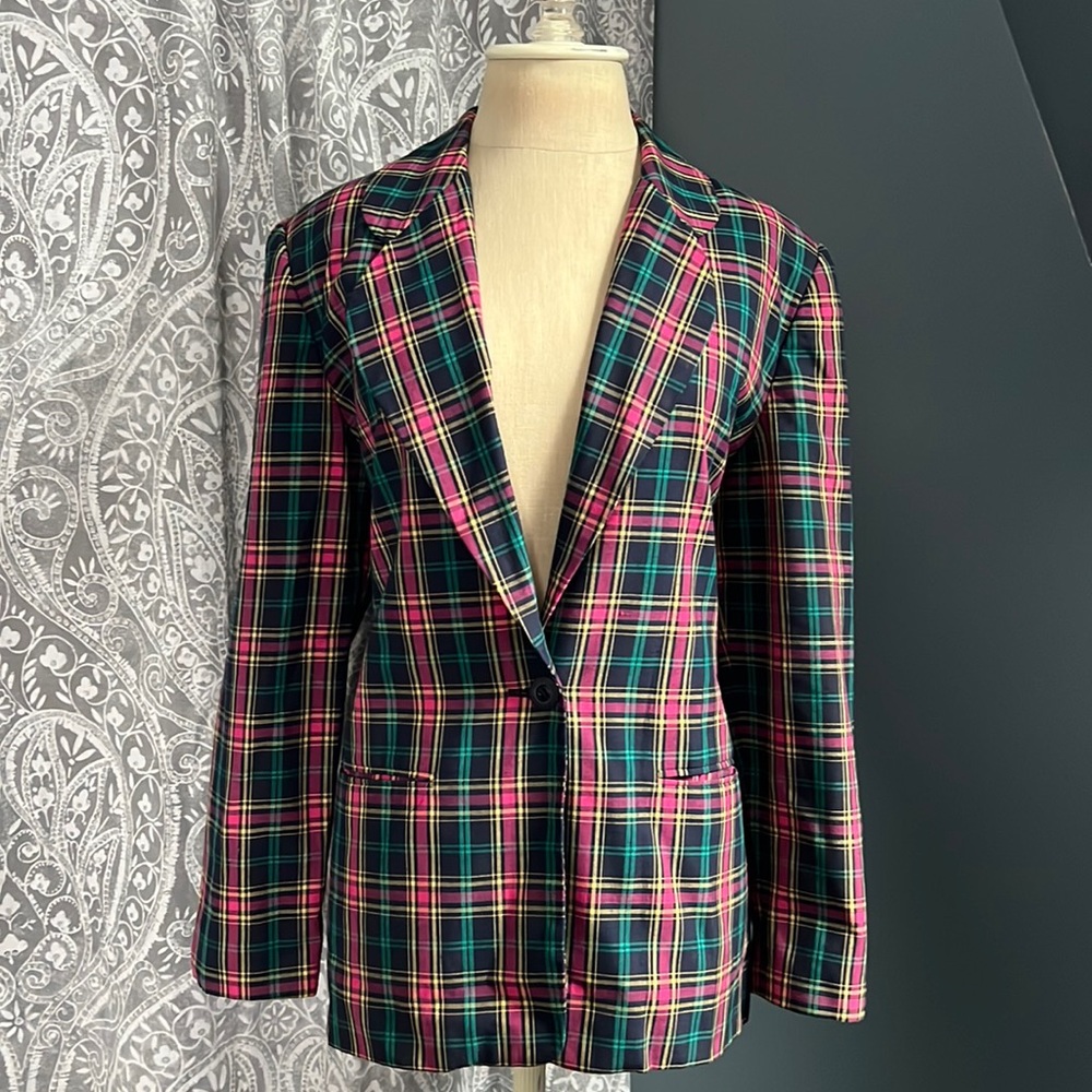 Vintage Leslie Fay Blazer Blue, Pink, Yellow, Green Plaid Design 80s/90s Size 8